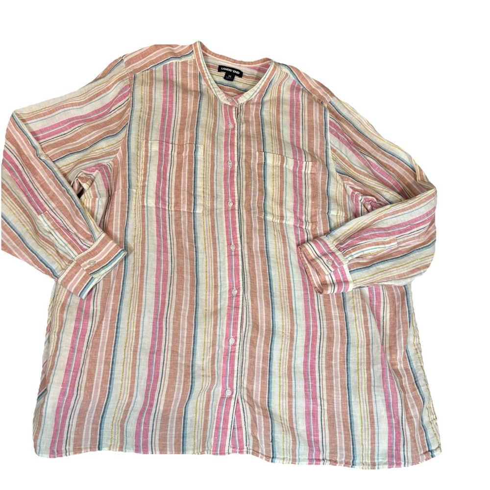 Lands End Sz 3X 24W-26W Roll Tab 3/4 Sleeves Stripes 99% Linen‎ Button Up Basic